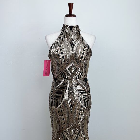 Gatsby Sequin Embellished Gold Halter Mermaid Formal Gown NWT - Picture 4 of 10